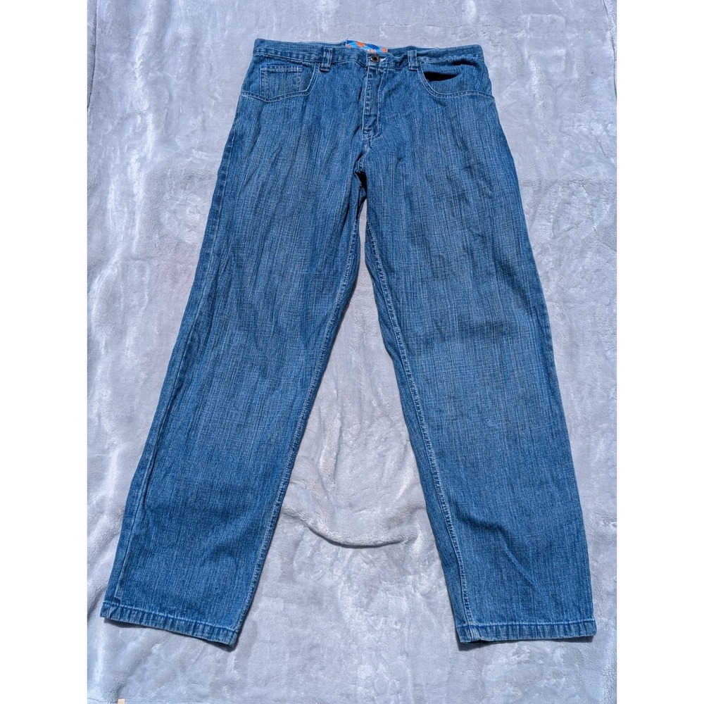 Vintage Evolution Jeans Men's 36X34 Blue Orange Checker Denim Baggy Faded Y2K